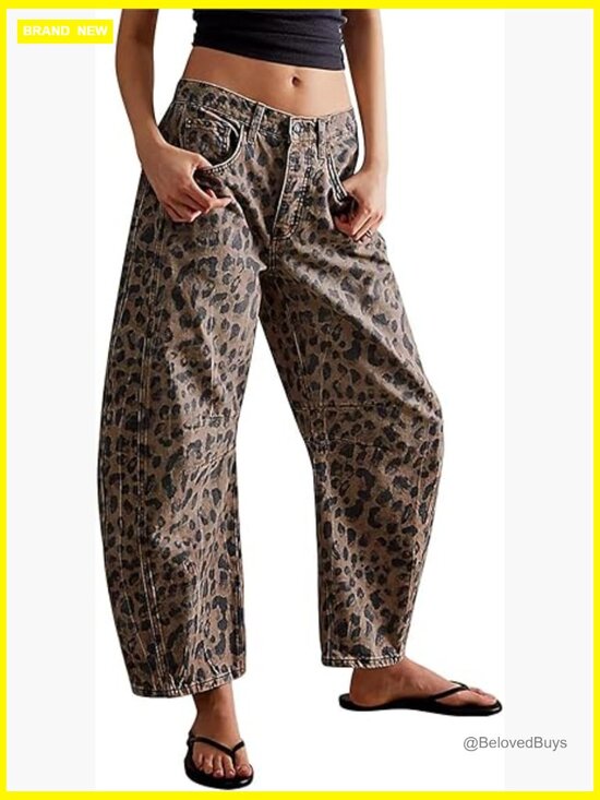 Denim - Mid Rise Stretchy Barrel Jeans Wide Leg Cropped Denim Pants Y2k Baggy Boyfriend